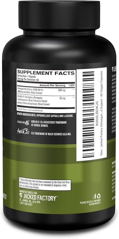 Jacked Factory Ashwagandha Root Extract (KSM-66 Ashwagandha) w/ 5% Withanolides - Supplement for Natural Stress Relief, Cognitive Function, Vitality, and Mood Support - 60 Veggie Capsules