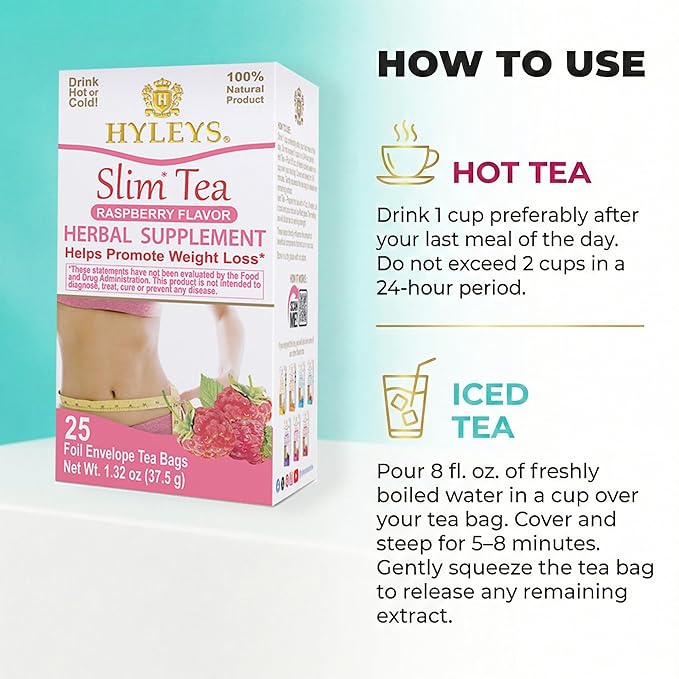 Hyleys Slim Tea Raspberry Flavor - Weight Loss Herbal Supplement Cleanse and Detox - 25 Tea Bags (6 Pack)