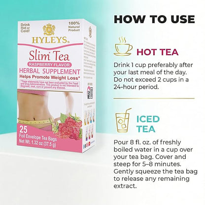 Hyleys Slim Tea Raspberry Flavor - Weight Loss Herbal Supplement Cleanse and Detox - 25 Tea Bags (12 Pack)