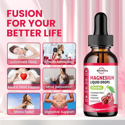 Magnesium Glycinate Liquid Drops, 1000mg Magnesium Glycinate, Citrate & Taurate with Fiber, Beetroot, Vitamin B & C for Sleep, Calm, Muscle, Energy & Relaxation, 2 Fl Oz, Sugar-Free Cherry Flavor