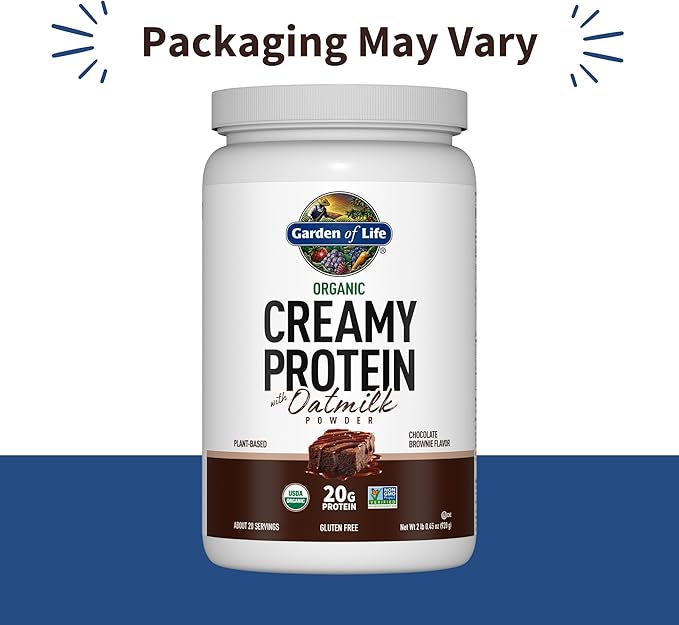 Garden of Life Creamy Plant Protein + Oat Milk Powder + Chocolate Flavor Vegan Protein Powder – Plant Based, Prebiotics & Probiotics, Gluten-Free, Non-GMO, Chocolate Brownie Flavor, 2 LBS
