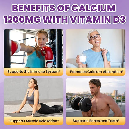 Calcium Citrate Gummies - 1200mg Calcium Gummies Supplements for Women & Men with Vitamin D3, K2, Magnesium, Zinc High Absorption for Bone, Muscle & Immune Support, Grape Flavor, 60 Count