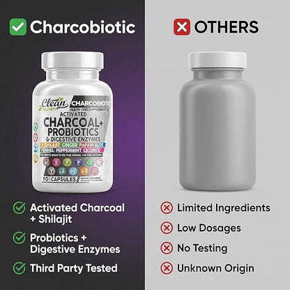 Activated Charcoal Pills for Gas Relief and Debloat, CharcoBiotic with Probiotics Digestive Enzymes Shilajit Peppermint Fennel Ginger Turmeric Licorice Root Aloe Vera Ceylon Cinnamon, Clean Nutra 90ct