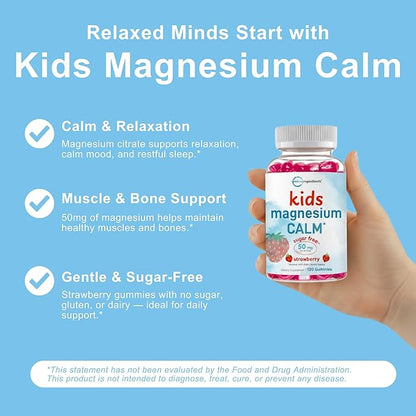 Kids Magnesium Gummies for Age 2+, 120 Count | Sugar Free Strawberry Flavor | Calm Magnesium Citrate Gummies for Sleep, Relaxation, Muscle, Bones, & Mood Support* | Non-GMO, Gluten Free