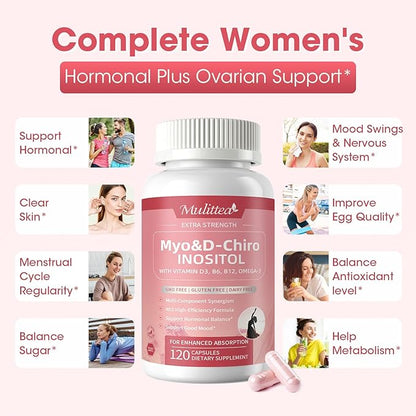 Mulittea Myo-Inositol & D-Chiro Supplement for Women - 14-in-1 Liposomal Inositol with Folic Acid,Omega-3 & Multivitamin for Hormone Balance,Support Ovarian,Skin & Mood- 40:1 Vegan 120 Capsules
