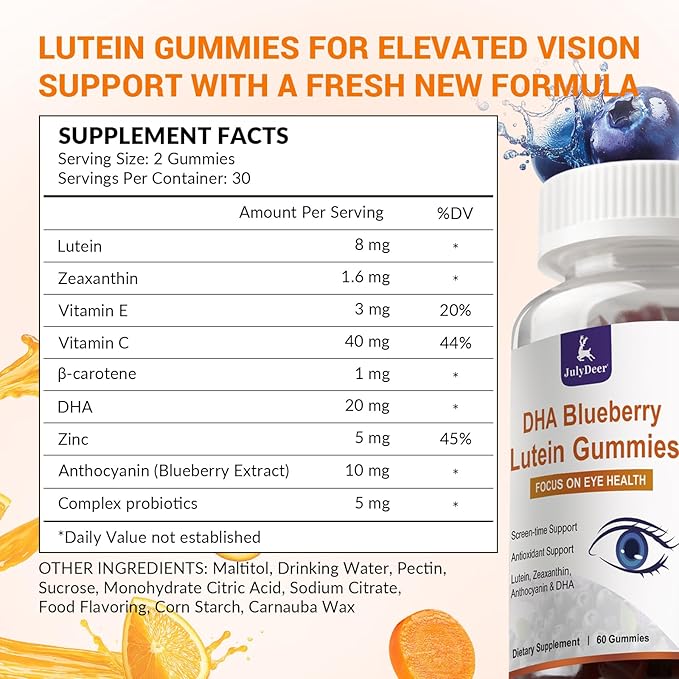JulyDeer 2 Packs Lutein and Zeaxanthin Gummies Supplements Support Eye Health, 9 in 1 with 8mg Lutein & 1.6mg Zeaxanthin, Eye Support | Non-GMO, Vegan | Sweet Orange Flavor | 120 Gummies
