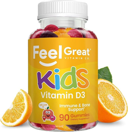 Feel Great Kids Vitamin D3 1000 IU Gummies (2-Pack) | Kids Vitamin D Gummies for Healthy Bones, Mood, & Immune Support | Citrus Flavored Vegetarian D3