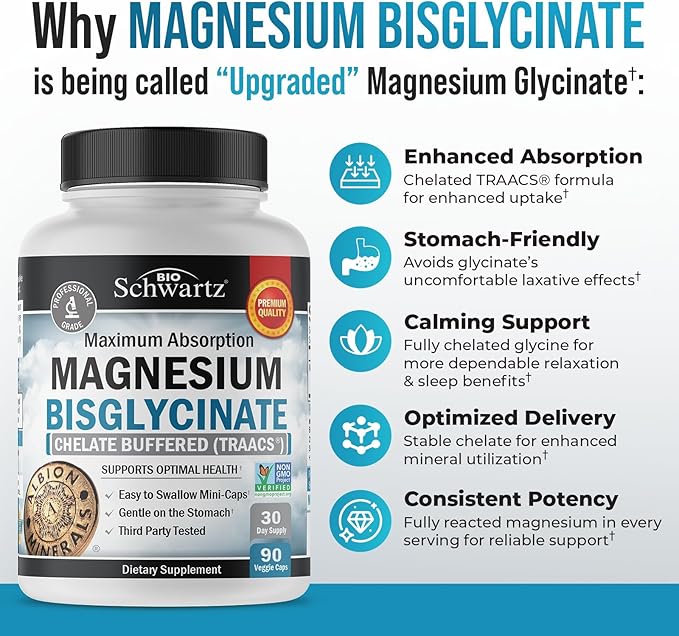 Magnesium Bisglycinate 100% Chelate No-Laxative Effect - Maximum Absorption & Bioavailability, Fully Reacted & Buffered - Healthy Energy Muscle Bone & Joint Support - Non-GMO Project Verified - 90 ct