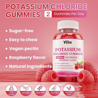 Potassium Gummies for Adults, Potassium Chloride 1200mg, Potassium Supplement for Women & Men, Supports Electrolyte Balance & Muscle Health, Sugar-Free, Raspberry Flavor, 120 Count