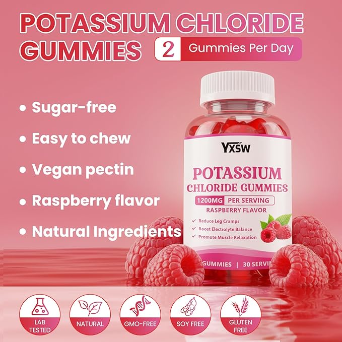 Potassium Gummies for Adults, Potassium Chloride 1200mg, Potassium Supplement for Women & Men, Supports Electrolyte Balance & Muscle Health, Sugar-Free, Raspberry Flavor, 60 Count