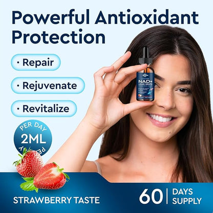 Liposomal NAD Supplement - 1200mg NAD+ Liquid Drops for Women & Men, Nicotinamide Riboside with Resveratrol, PQQ, CoQ10, Quercetin for Anti-Aging, Brain & Cellular Mitochondrial, Strawberry 4 Fl Oz