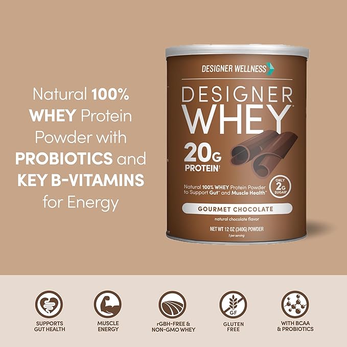 Designer Wellness, Designer Whey, Natural Whey Protein Powder with Probiotics, Fiber, and Key B-Vitamins for Energy, Gluten-Free, Gourmet Chocolate, 12oz
