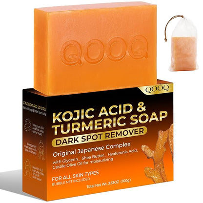 QOOQ Turmeric Kojic Acid Soap for Dark Spots Remover – Facial Cleansing Bar with Vitamin C, Retinol, Collagen, Vitamin E, Glycerin, Shea Butter & Castile Olive Oil – Soap for Women & Men (100g)