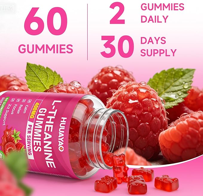L-Theanine Gummies 400mg, L-Theanine Supplement for Kids & Adults with Ashwagandha, GABA, 5HTP for Calm, Zzz & Relaxation Support, Raspberry Flavor, 120 Counts