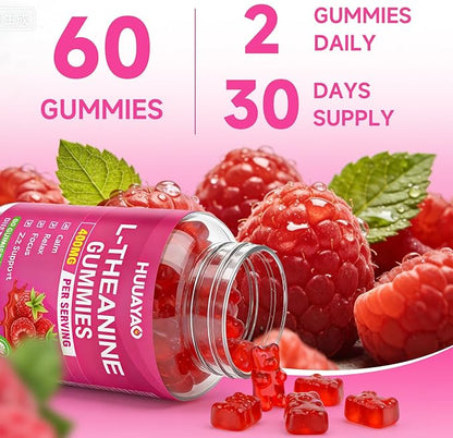 L-Theanine Gummies 400mg, L-Theanine Supplement for Kids & Adults with Ashwagandha, GABA, 5HTP for Calm, Zzz & Relaxation Support, Raspberry Flavor, 120 Counts