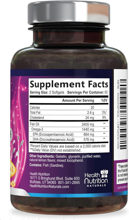 Omega 3 Fish Oil Supplements - 2400mg Fish Oil Per Serving - Triple Strength Omega-3 with EPA & DHA Fatty Acids - Natural Heart, Brain & Immune Support - Wild Caught, Bottled in USA - 120 Softgels