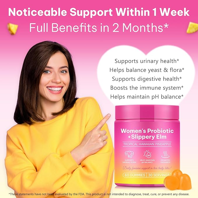 Feminine Probiotics Gummies with Slippery Elm | Pineapple Gummies for Women ph Balance, Vaginal Probiotics Supports Flora, Gut Health & Immune System, Prebiotics & Lactobacillus Blend | 60 Gummies