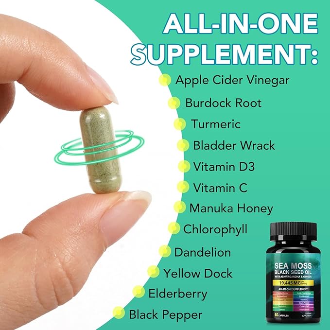 Sea Moss Black Seed Oil Ashwagandha Ginger Capsules, Seamoss Capsules Supplement with Bladderwrack Burdock & Vitamin C Vitamin D3 for Women & Men-Enhanced Immunity,60 Counts