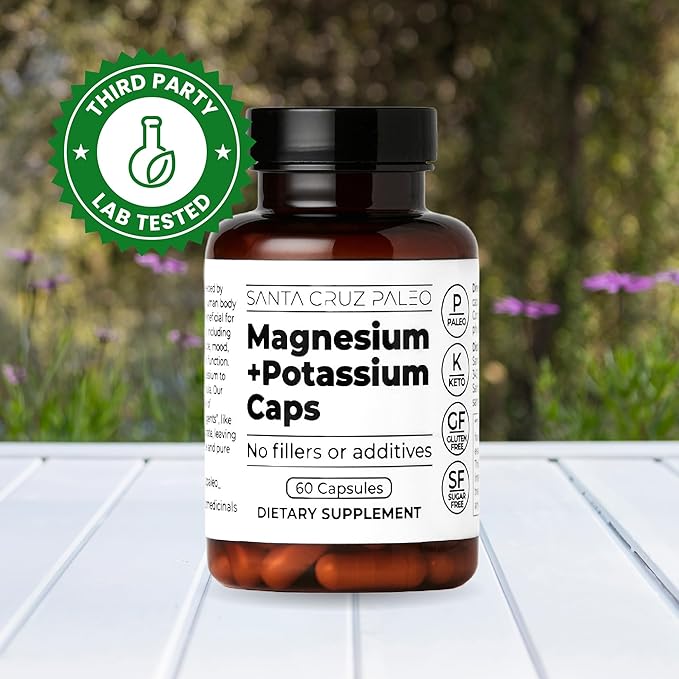 Santa Cruz Paleo Magnesium + Potassium Caps, Supplement for Men and Women, Paleo, Keto, Sugar & Gluten Free, Magnesium Glycinate 166mg and Potassium Citrate 38mg per Serving, American Made, 60 Caps