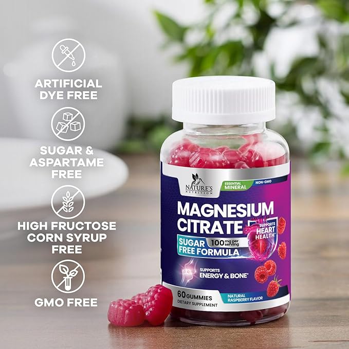 Magnesium Citrate Gummies - Sugar Free - High Absorption & Bioavailability Magnesium Gummy Supplement - Improved Vegan Formula - Supports Bones, Muscles, Calm, & Relaxation - Mag Citrate - 60 Gummies