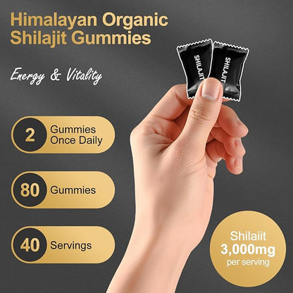 Shilajit Gummies for Men & Women, Rich in Ashwagandha & Gokshura, Fulvic Acid & 85+ Trace Minerals Micronutrient Supplement for Energy & Wellness, 100% Pure Organic Natural - 80 Gummies