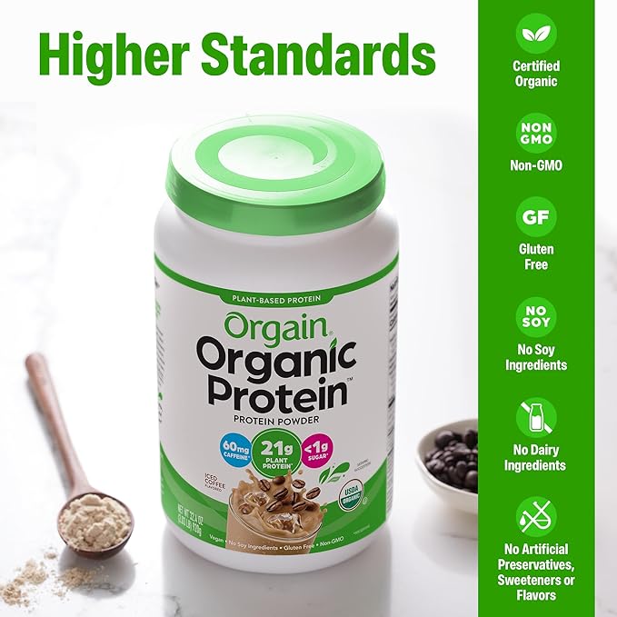 Orgain Organic Vegan Protein Powder, Iced Coffee - 21g Plant Protein, 60mg of Caffeine, Low Net Carb, No Lactose Ingredients, No Added Sugar, Non-GMO, For Shakes & Smoothies, 2.03 lb