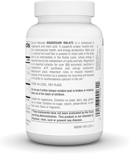 Source Naturals Magnesium Malate, Supports Muscles and Energy Production* - 3,750 mg per Serving - 90 Vegetarian Tablets