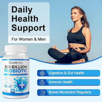 Probiotic 300 Billion CFU - 12 Strains with Organic Prebiotics for Digestive & Gut, Immune, Bloating Health - Probiotics for Women and Men - Daily Dairy Free, Shelf Stable - 120 Counts