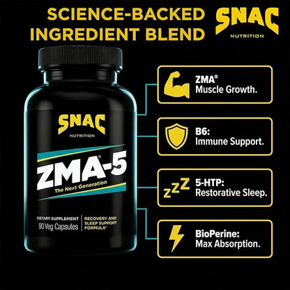 SNAC ZMA-5 Mineral Supplement - Supports Muscle Function, Restful Sleep, Immune Health & Relaxation with Zinc, Vitamin B6, Magnesium & 5-HTP for Sleep, Anxiety, Calmness - 180 Veggie Capsules (2 Pack)