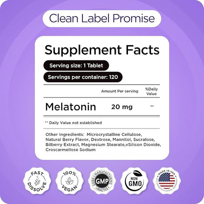 Balancebreens Melatonin 20mg Fast Dissolve Tablets - High Potency, Fast Acting, Natural Sleep Support - Sleep Aids for Adults - Non-Groggy, Drug-Free Formula - 120 Sleeping Pills