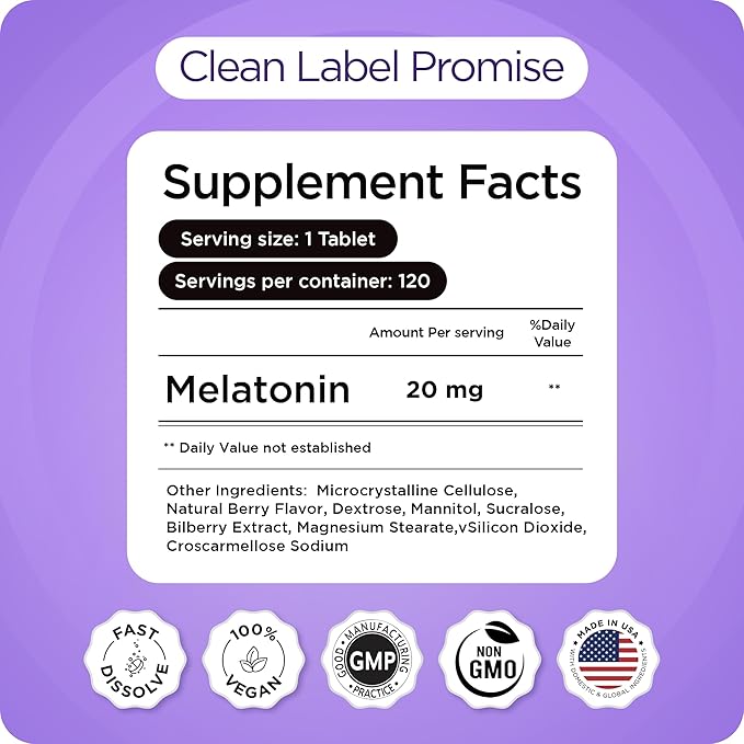 Balancebreens Melatonin 20mg Fast Dissolve Tablets - High Potency, Fast Acting, Natural Sleep Support – Sleep Aids for Adults – Non-Groggy, Drug-Free Formula – 120 Sleeping Pills