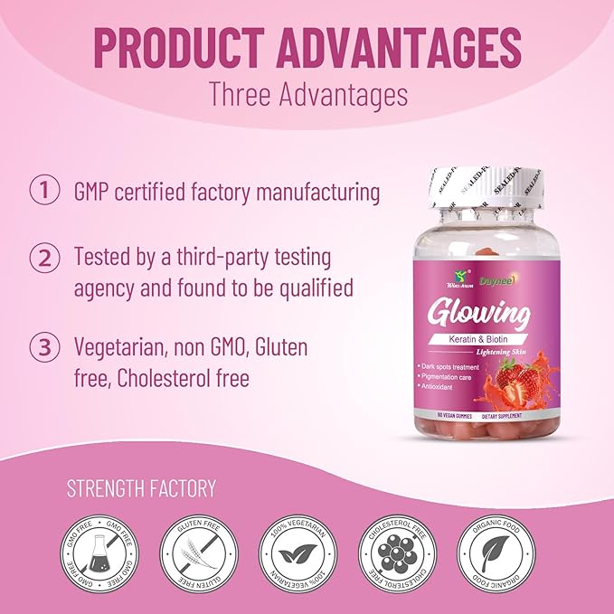 Skin Glowing Gummies, Contains Keratin & Bioth, Lightening Skin, Dark Spots, Pigmentation Care, Antioxidant, 60 Count