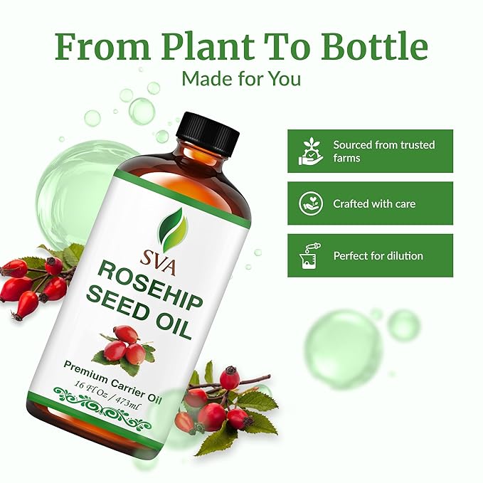 SVA Rosehip Seed Oil - 16 Fl Oz – 100% Natural & Cold Pressed - for Face, Skin Care, Hair Care, Scalp Massage & Body Massage – Carrier Oil with Dropper