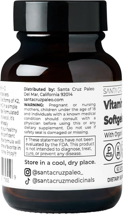 Santa Cruz Paleo Vitamin K2 + D3 Softgels, Daily Supplement with Organic Olive Oil, Includes Vitamin K1 & Two Forms of K2, Supports Heart & Bone Health, Gluten Free, Sugar Free, Paleo, Keto, 60 Count