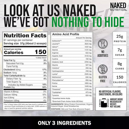 NAKED Strawberry Whey Protein - All Natural Grass Fed Whey Protein Powder + Dried Strawberries + Coconut Sugar- 5lb Bulk, GMO-Free, Soy Free, Gluten Free. Aid Muscle Growth & Recovery - 61 Servings