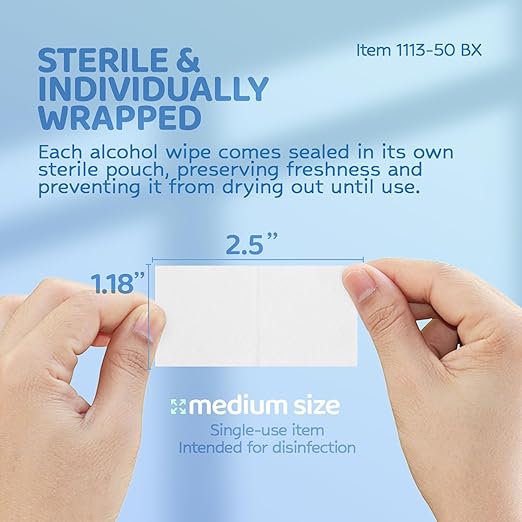 Dynarex DynaSafety Sterile Alcohol Prep Pads - Medium - 70% Isopropyl Alcohol, Individually Wrapped, Soft Cleaning Wipes - Box of 50