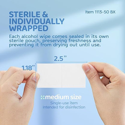 Dynarex DynaSafety Sterile Alcohol Prep Pads - Medium - 70% Isopropyl Alcohol, Individually Wrapped, Soft Cleaning Wipes - Box of 50