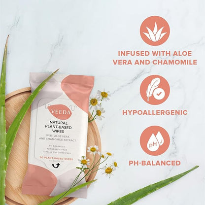 Veeda Plant-Based Feminine Wipes – pH-Balanced, Hypoallergenic & Biodegradable Wipes for Sensitive Skin, Fragrance-Free Travel Sized Wipes – 60 Count