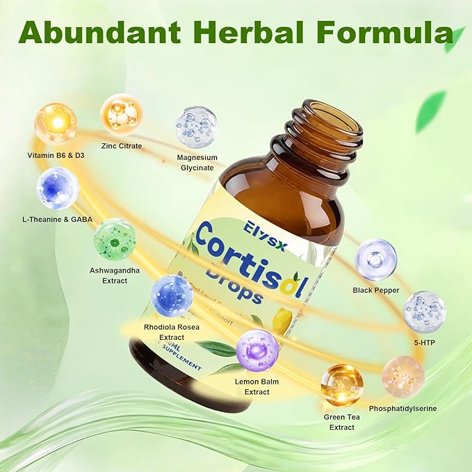 Cortisol Supplements for Women & Men, Cortisol Wellness Liquid Drops for Hormone Balance, Relaxation, Zzz, Stress, Focus Support with Ashwagandha, Rhodiola, L-Theanine, Lemon Flavor, 2 FL OZ