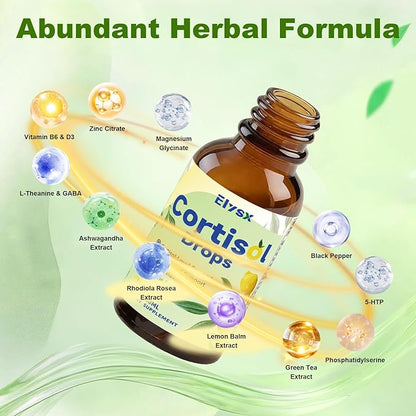Cortisol Supplements for Women & Men, Cortisol Wellness Liquid Drops for Hormone Balance, Relaxation, Zzz, Stress, Focus Support with Ashwagandha, Rhodiola, L-Theanine, Lemon Flavor, 2 FL OZ