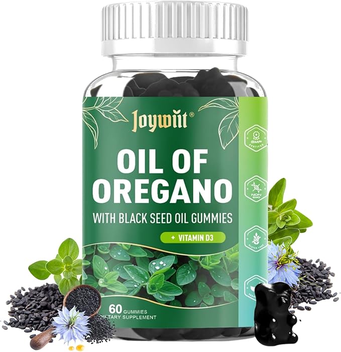 Oregano Oil Gummies 300mg | Oil of Oregano with 200mg Black Seed Oil + D3 1000IU | Organic Oregano Chewable Supplements | Carvacrol + Thymoquinone | Vegan, Non GMO | Immune & Gut Support | 60 Cts