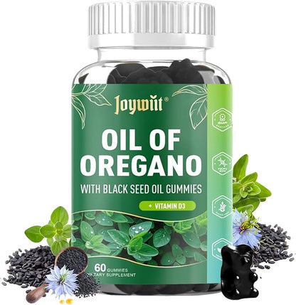 Oregano Oil Gummies 300mg | Oil of Oregano with 200mg Black Seed Oil + D3 1000IU | Organic Oregano Chewable Supplements | Carvacrol + Thymoquinone | Vegan, Non GMO | Immune & Gut Support | 60 Cts