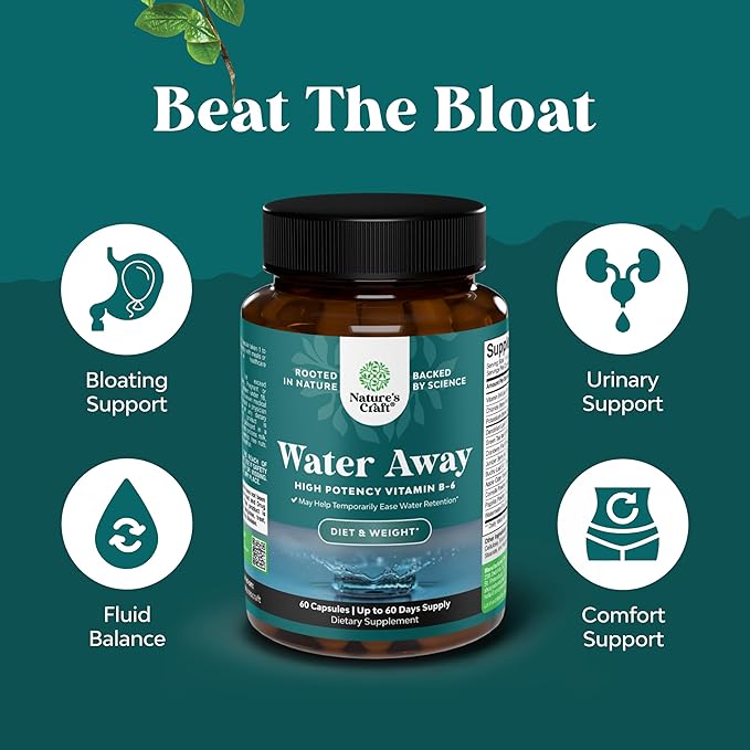 Water Away Herbal Diuretic Pills High Strength - Fluid Retention Supplement with Dandelion Leaf Extract & Green Tea for Bloating Relief for Women & Men - Capsules for Leg & Feet Swelling - 60 Count