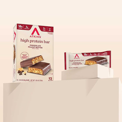 Atkins Chocolate Peanut Butter Protein Meal Bar, High Fiber, 16g Protein, Low Sugar, 3g Net Carb, Low Carb, Keto Friendly, 12 Count