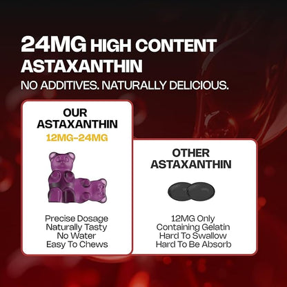 Astaxanthin Gummies, 12mg Per Gummy 24mg Max, Astaxanthin Supplements with Vitamin A/C/D/E, Resveratrol, 14-IN-1 Antioxidants Blend for Women Men, Skin, Eyes, Immune Support, Sugar Free, Vegan, 60 Ct