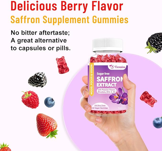 Saffron Gummies, 10 in 1 Saffron Supplements Gummies with Magnesium, Ashwagandha & Rhodiola Rosea, Sugar Free Vegan Mixed Berry Flavor - 2 Pack 120Cts