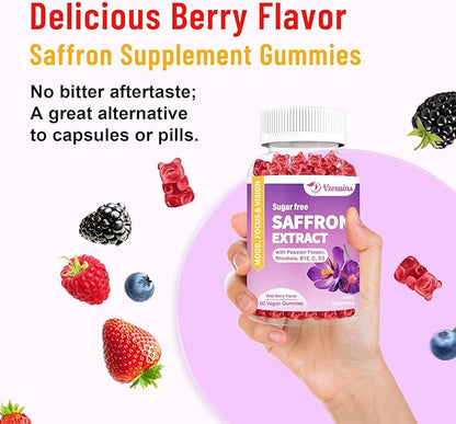 Saffron Gummies, 10 in 1 Saffron Supplements Gummies with Magnesium, Ashwagandha & Rhodiola Rosea, Sugar Free Vegan Mixed Berry Flavor - 2 Pack 120Cts