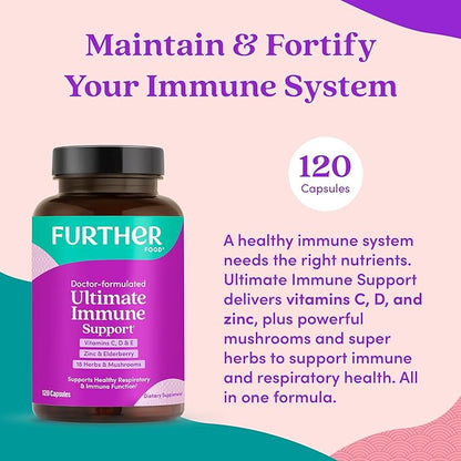 Further Food Ultimate Immune Support Capsules with Vitamins C, D, E & Zinc – Natural Herbal Supplement with Antioxidants for Immune & Respiratory Support, 120 Vegan Capsules