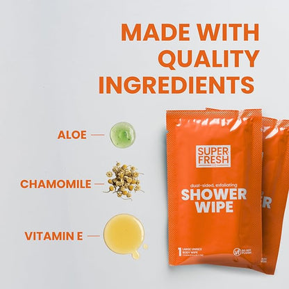 Super Fresh Shower Wipes Large Citrus & Cedar Body Wipes for No Rinse Bathing Personal Hygiene Gym Travel or Camping Enriched with Aloe and Vitamin E 20 Individually Wrapped Disposable Sheets
