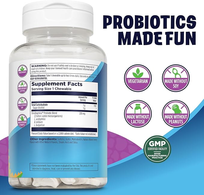 KAL DinoDophilus Probiotics for Kids - Chewable Kids Probiotic with 2 Billion CFU for Children's Gut Health and Digestion Support - Natural Black Cherry Flavor, 60 Chews